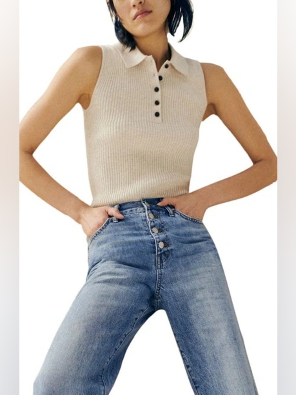 Madewell Ribbed Sleeveless Polo Tank - Oatmeal EUC